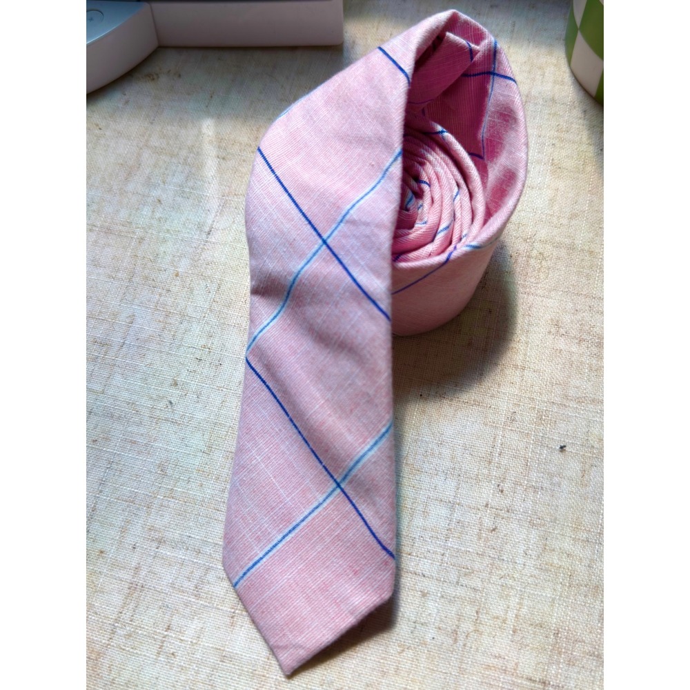 Original Penguin Mens Pink Blue Windowpane Plaid 100% Cotton Slim Necktie 0921